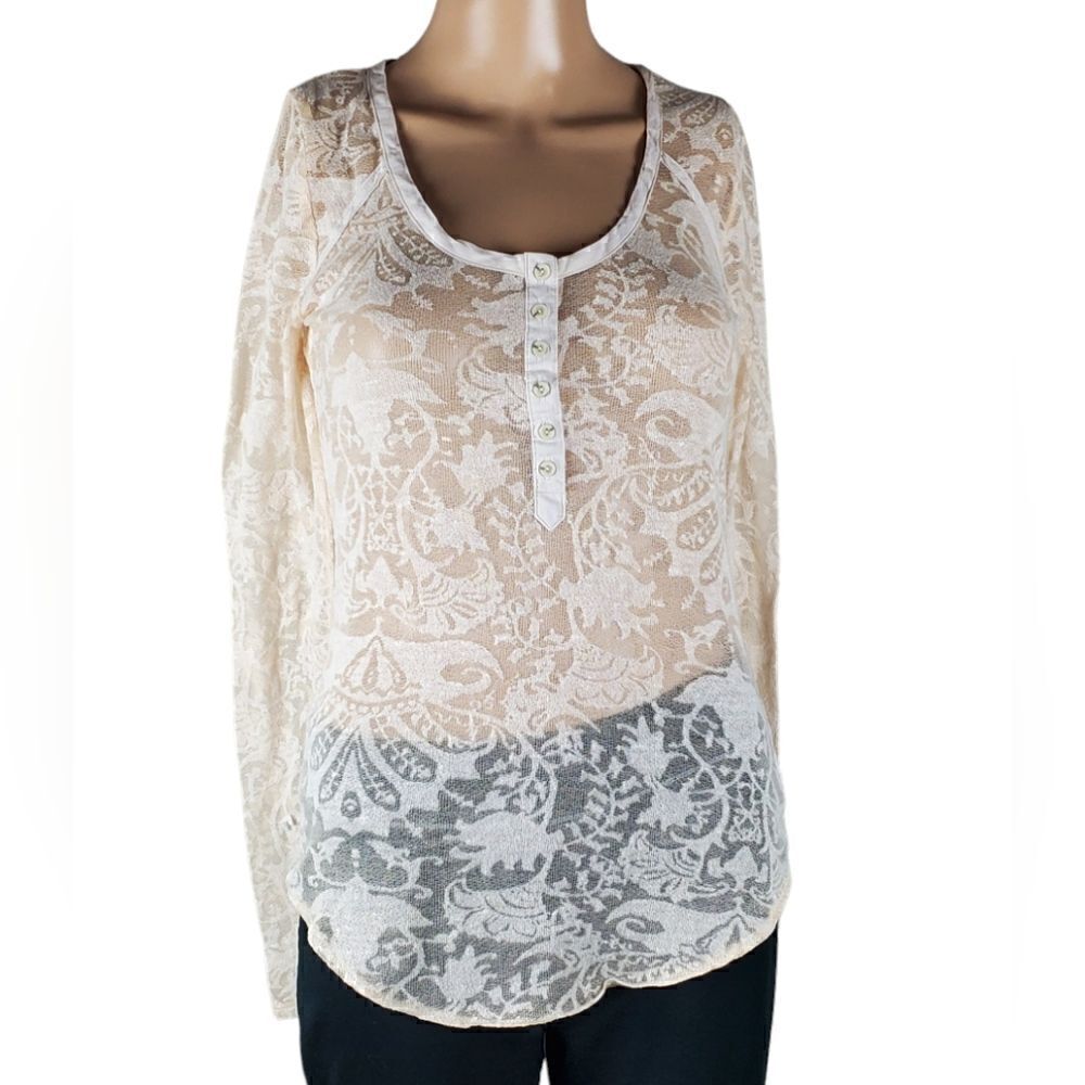 Free People Intimately Creamy Lacey Semi Sheer Long Sleeve Semi Sheer T-Shirt